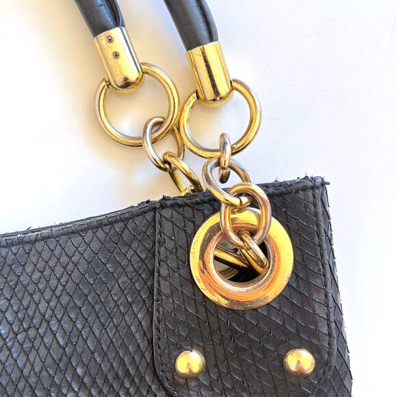 Cynthia Rowley Black Snake Reptile Textured Leather Chain Link Hobo Shoulder Bag - Picture 3 of 9